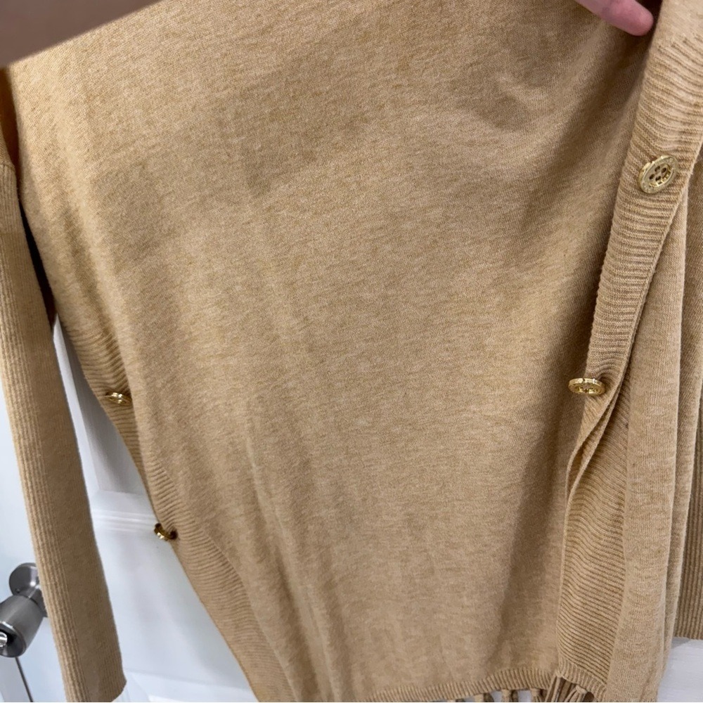 Lilly Pulitzer Women's Long Sleeve Tan Sweater with Buttons and Fringe Tassels - Picture 4 of 8